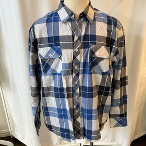 Men Button Down Shirt 3X Blue White Plaid Button Cotton Poly Pockets Long Sleeve